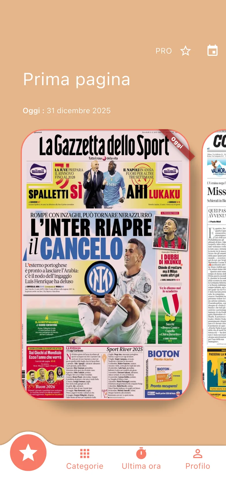 Schermata con le copertine dei quotidiani affiancate per il confronto