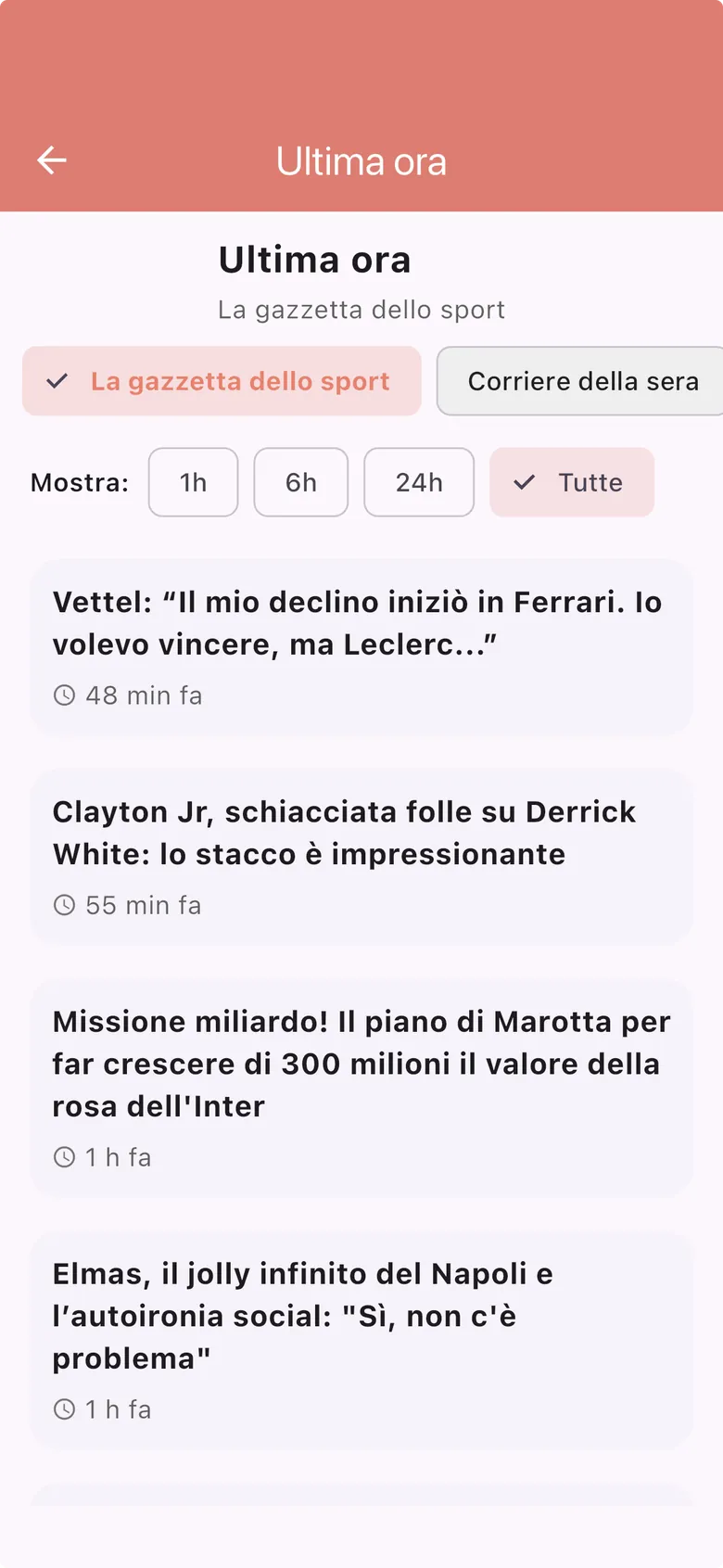 Schermata del feed Ultima ora con le ultime notizie in tempo reale
